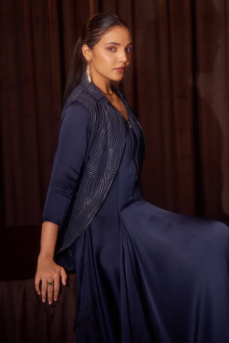Shop Coeur Navy , Satin, Silk Elor Sapphire Dress With Corded Jacket Online at Aza Fashions Shop_Coeur_Navy , Satin, Silk Elor Sapphire Dress With Corded Jacket _Online_at_Aza_Fashions