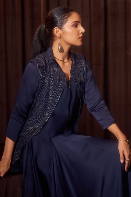 Coeur Navy , Satin, Silk Elor Sapphire Dress With Corded Jacket at Aza Fashions Coeur_Navy , Satin, Silk Elor Sapphire Dress With Corded Jacket _at_Aza_Fashions