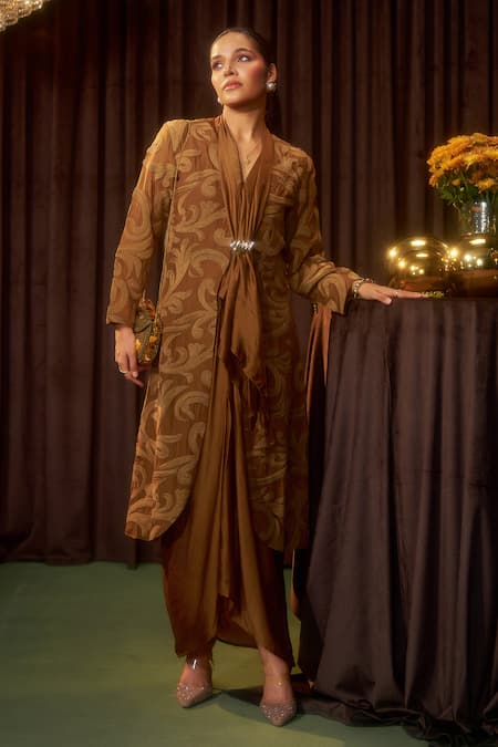 Coeur_Brown , Satin, Silk Riva Tawny Scarf Jacket And Dress Set _Online_at_Aza_Fashions