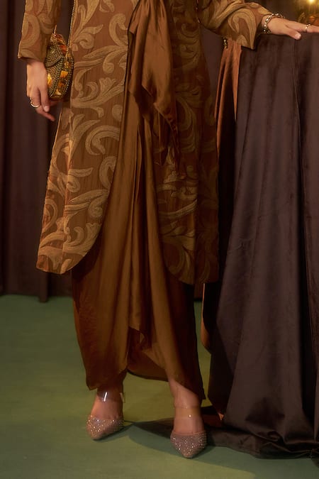 Buy_Coeur_Brown , Satin, Silk Riva Tawny Scarf Jacket And Dress Set _Online_at_Aza_Fashions