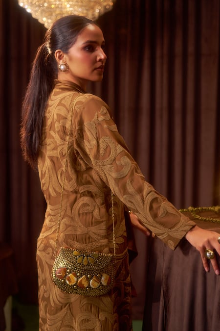 Shop_Coeur_Brown , Satin, Silk Riva Tawny Scarf Jacket And Dress Set _Online_at_Aza_Fashions