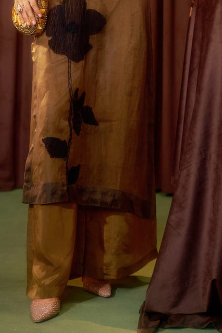 Coeur_Gold Organza, Satin Applique, Ruffles Mandarin Flore Sheer Kurta And Pant Set _Online_at_Aza_Fashions
