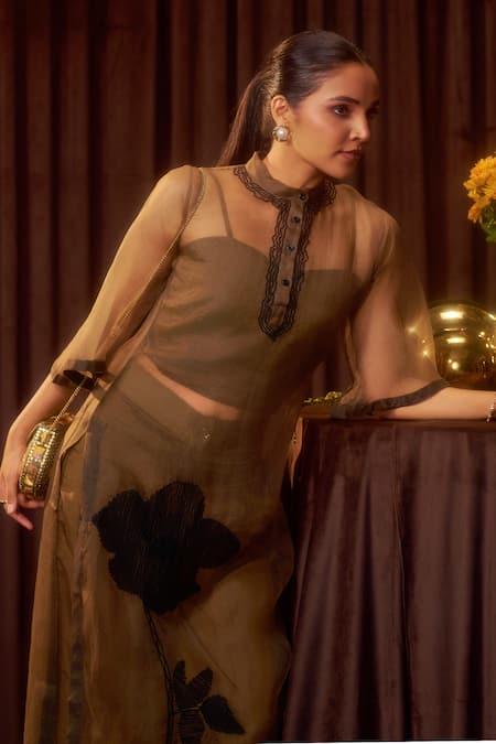 Buy_Coeur_Gold Organza, Satin Applique, Ruffles Mandarin Flore Sheer Kurta And Pant Set _Online_at_Aza_Fashions