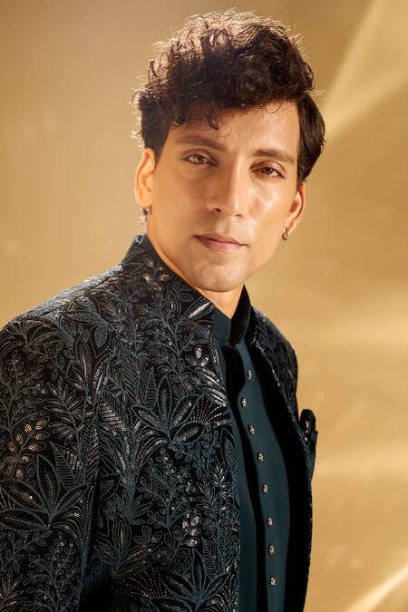 Buy Arihant Rai Sinha Green Silk Sequins, Embroidery Floral Bandhgala Set Online at Aza Fashions Buy_Arihant Rai Sinha_Green Silk Sequins, Embroidery Floral Bandhgala Set _Online_at_Aza_Fashions