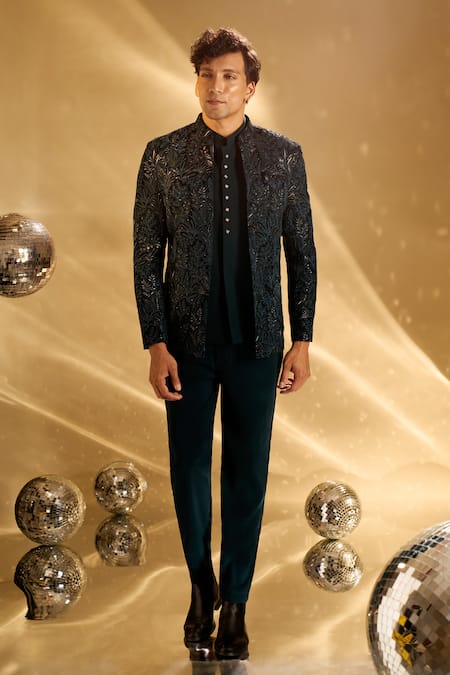 Shop Arihant Rai Sinha Green Silk Sequins, Embroidery Floral Bandhgala Set Online at Aza Fashions Shop_Arihant Rai Sinha_Green Silk Sequins, Embroidery Floral Bandhgala Set _Online_at_Aza_Fashions