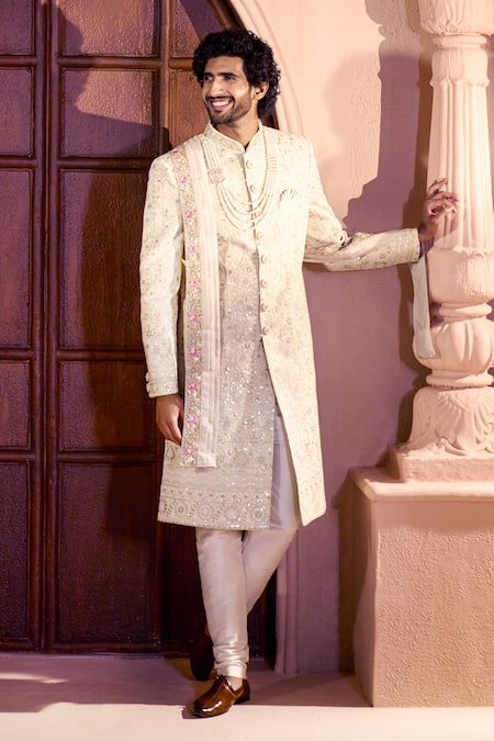 Shop Arihant Rai Sinha Yellow Silk, Dupion Embroidery, Stones Floral Sherwani Set Online at Aza Fashions Shop_Arihant Rai Sinha_Yellow Silk, Dupion Embroidery, Stones Floral Sherwani Set _Online_at_Aza_Fashions