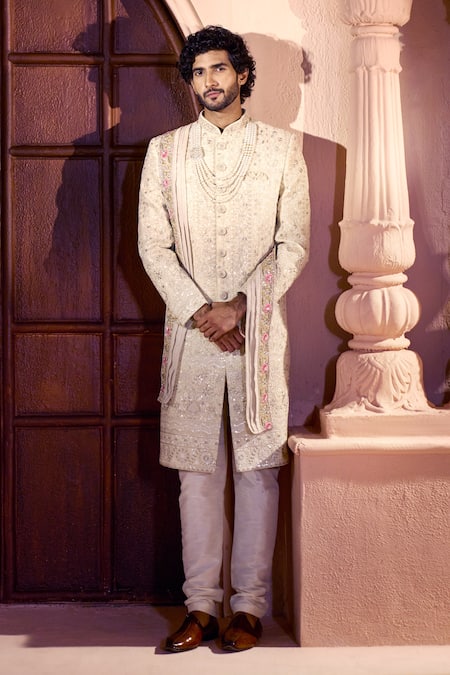 Buy Arihant Rai Sinha Yellow Silk, Dupion Embroidery, Stones Floral Sherwani Set Buy_Arihant Rai Sinha_Yellow Silk, Dupion Embroidery, Stones Floral Sherwani Set