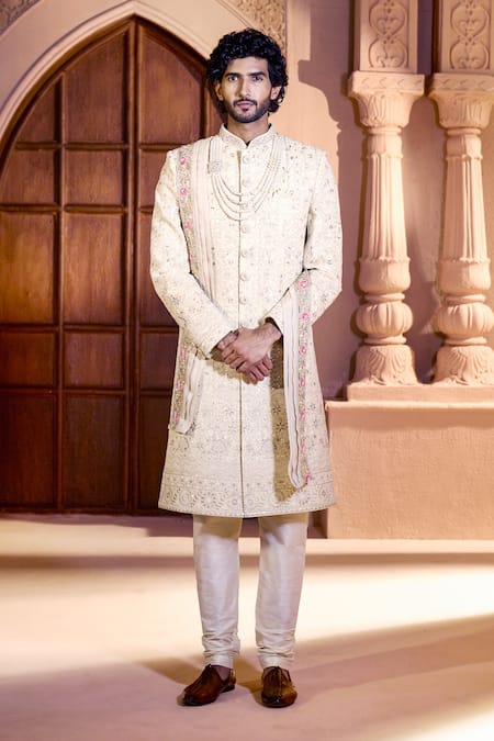 Shop Arihant Rai Sinha Yellow Silk, Dupion Embroidery, Stones Floral Sherwani Set Shop_Arihant Rai Sinha_Yellow Silk, Dupion Embroidery, Stones Floral Sherwani Set