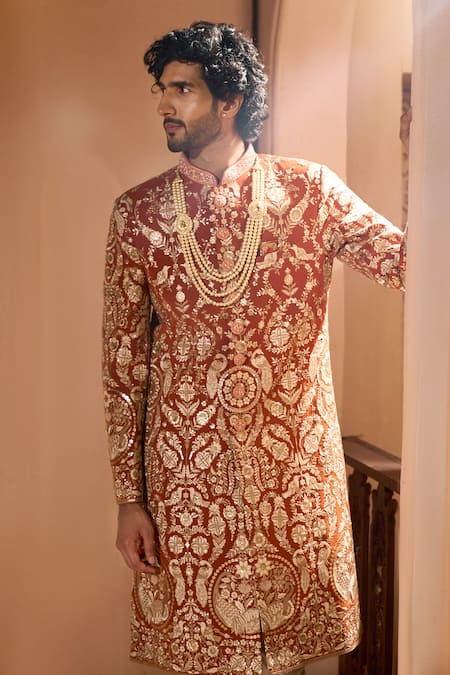 Buy Arihant Rai Sinha Orange Silk, Dupion Embroidery Floral Botanic Sherwani Set Online at Aza Fashions Buy_Arihant Rai Sinha_Orange Silk, Dupion Embroidery Floral Botanic Sherwani Set _Online_at_Aza_Fashions