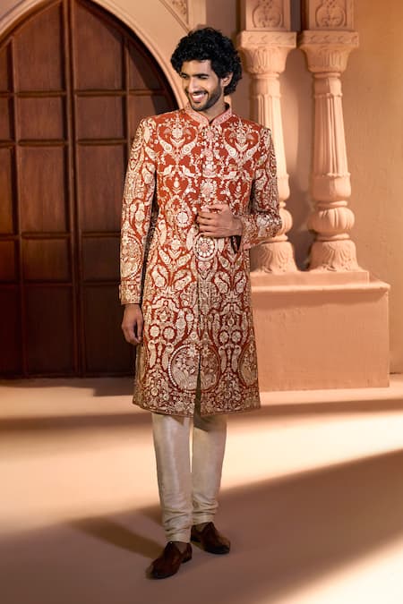 Shop Arihant Rai Sinha Orange Silk, Dupion Embroidery Floral Botanic Sherwani Set Online at Aza Fashions Shop_Arihant Rai Sinha_Orange Silk, Dupion Embroidery Floral Botanic Sherwani Set _Online_at_Aza_Fashions