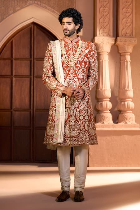 Shop Arihant Rai Sinha Orange Silk, Dupion Embroidery Floral Botanic Sherwani Set Shop_Arihant Rai Sinha_Orange Silk, Dupion Embroidery Floral Botanic Sherwani Set