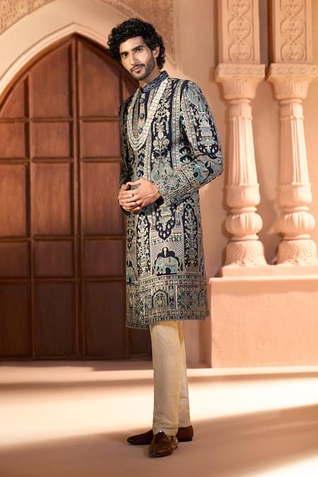 Shop Arihant Rai Sinha Navy Silk, Dupion Embroidery, Metallic Thread Botanic Sherwani Set Online at Aza Fashions Shop_Arihant Rai Sinha_Navy Silk, Dupion Embroidery, Metallic Thread Botanic Sherwani Set _Online_at_Aza_Fashions