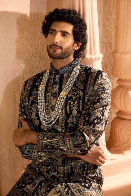 Buy Arihant Rai Sinha Navy Silk, Dupion Embroidery, Metallic Thread Botanic Sherwani Set Buy_Arihant Rai Sinha_Navy Silk, Dupion Embroidery, Metallic Thread Botanic Sherwani Set