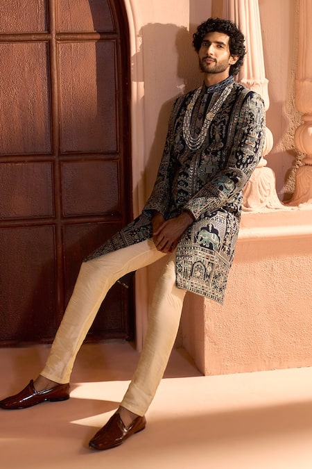 Shop Arihant Rai Sinha Navy Silk, Dupion Embroidery, Metallic Thread Botanic Sherwani Set Shop_Arihant Rai Sinha_Navy Silk, Dupion Embroidery, Metallic Thread Botanic Sherwani Set