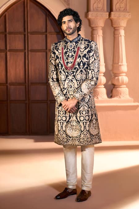 Shop Arihant Rai Sinha Black Dupion Embroidery Floral Sherwani Set Online at Aza Fashions Shop_Arihant Rai Sinha_Black Dupion Embroidery Floral Sherwani Set _Online_at_Aza_Fashions