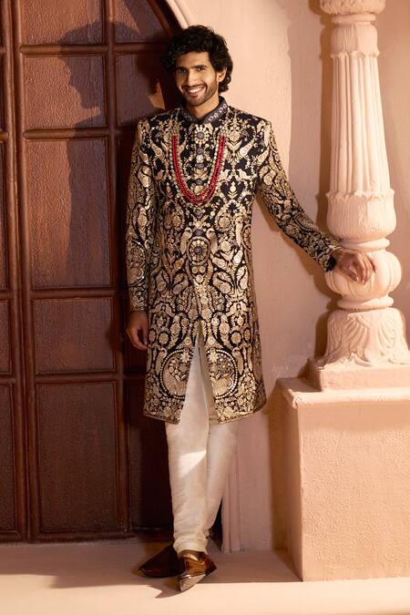 Arihant Rai Sinha Black Dupion Embroidery Floral Sherwani Set at Aza Fashions Arihant Rai Sinha_Black Dupion Embroidery Floral Sherwani Set _at_Aza_Fashions