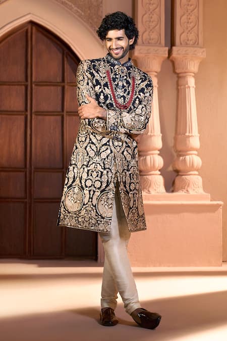 Shop Arihant Rai Sinha Black Dupion Embroidery Floral Sherwani Set Shop_Arihant Rai Sinha_Black Dupion Embroidery Floral Sherwani Set