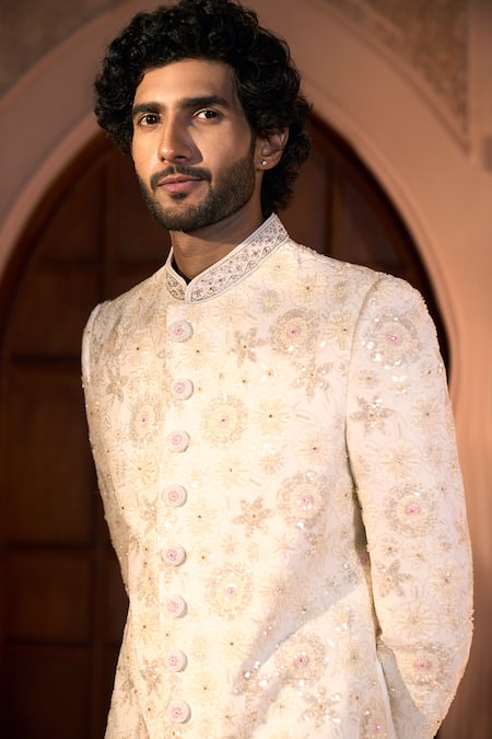 Shop Arihant Rai Sinha Cream Dupion Embroidery, Sequins Floral Pastel Sherwani Set Online at Aza Fashions Shop_Arihant Rai Sinha_Cream Dupion Embroidery, Sequins Floral Pastel Sherwani Set _Online_at_Aza_Fashions