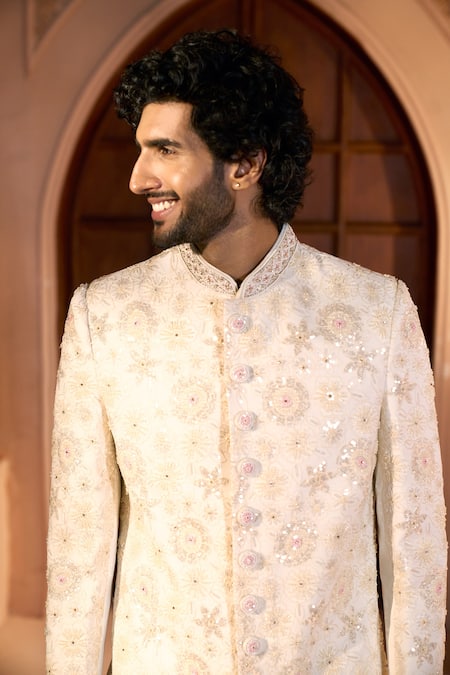 Arihant Rai Sinha Cream Dupion Embroidery, Sequins Floral Pastel Sherwani Set at Aza Fashions Arihant Rai Sinha_Cream Dupion Embroidery, Sequins Floral Pastel Sherwani Set _at_Aza_Fashions