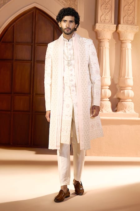 Arihant Rai Sinha_Cream Silk, Dupion Embroidery, Sequins, Metallic Thread Floral Sherwani Set _at_Aza_Fashions