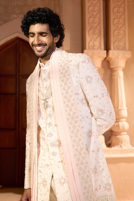 Buy_Arihant Rai Sinha_Cream Silk, Dupion Embroidery, Sequins, Metallic Thread Floral Sherwani Set 