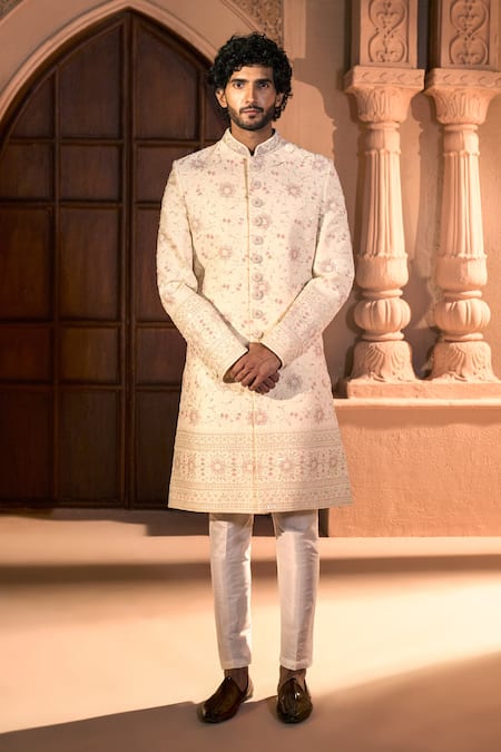 Buy_Arihant Rai Sinha_Cream Silk, Dupion Embroidery, Sequins Floral Sherwani Set _Online_at_Aza_Fashions