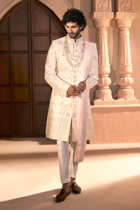 Arihant Rai Sinha_Cream Silk, Dupion Embroidery, Sequins Floral Sherwani Set _at_Aza_Fashions