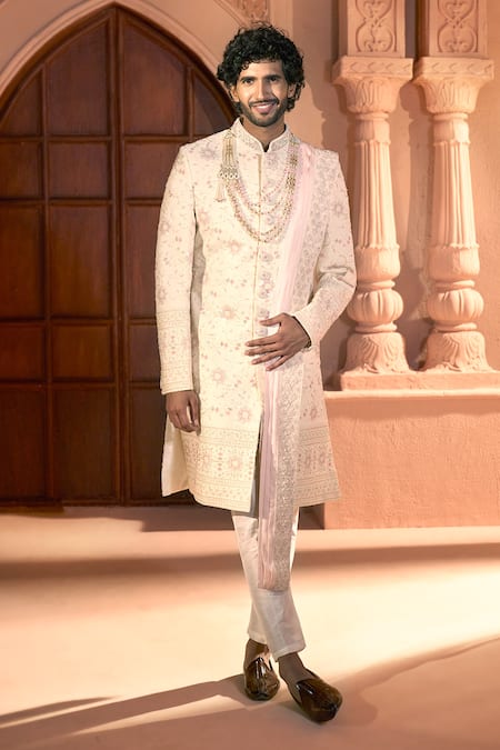 Buy_Arihant Rai Sinha_Cream Silk, Dupion Embroidery, Sequins Floral Sherwani Set 