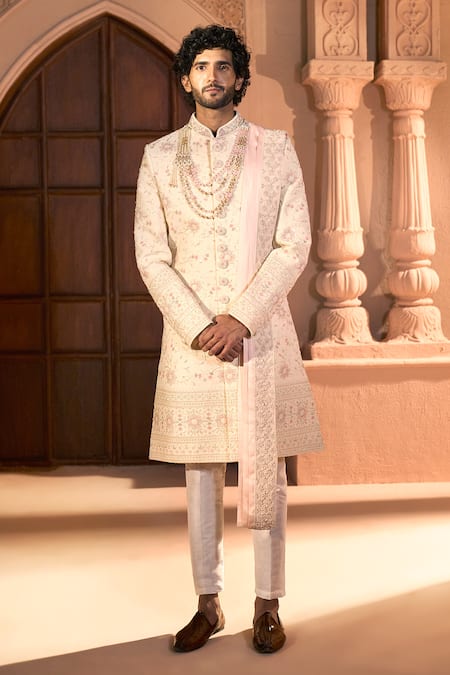 Shop_Arihant Rai Sinha_Cream Silk, Dupion Embroidery, Sequins Floral Sherwani Set 