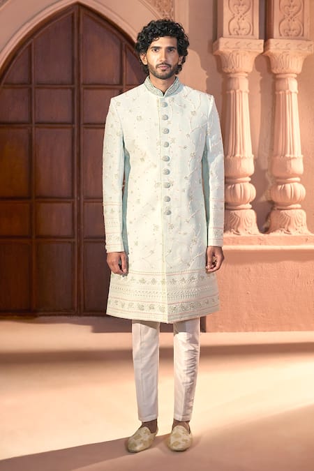 Buy Arihant Rai Sinha Green Silk, Dupion Embroidery, Zari Floral Vine Sherwani Set Online at Aza Fashions Buy_Arihant Rai Sinha_Green Silk, Dupion Embroidery, Zari Floral Vine Sherwani Set _Online_at_Aza_Fashions