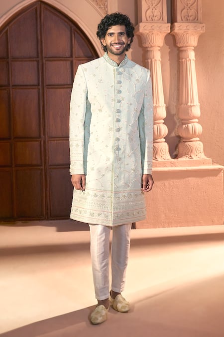 Shop Arihant Rai Sinha Green Silk, Dupion Embroidery, Zari Floral Vine Sherwani Set Online at Aza Fashions Shop_Arihant Rai Sinha_Green Silk, Dupion Embroidery, Zari Floral Vine Sherwani Set _Online_at_Aza_Fashions