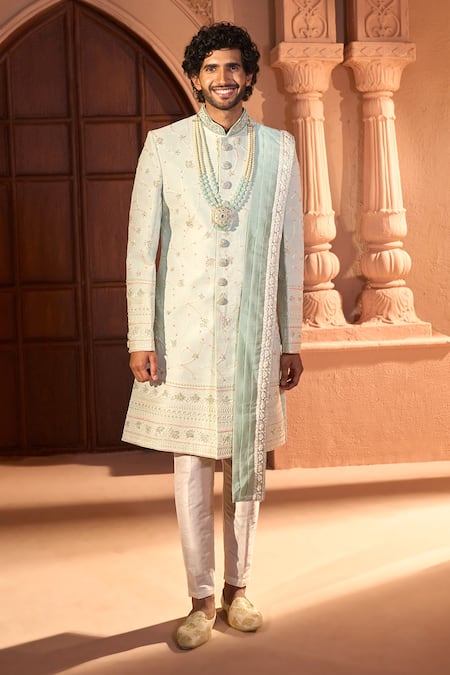 Arihant Rai Sinha Green Silk, Dupion Embroidery, Zari Floral Vine Sherwani Set at Aza Fashions Arihant Rai Sinha_Green Silk, Dupion Embroidery, Zari Floral Vine Sherwani Set _at_Aza_Fashions