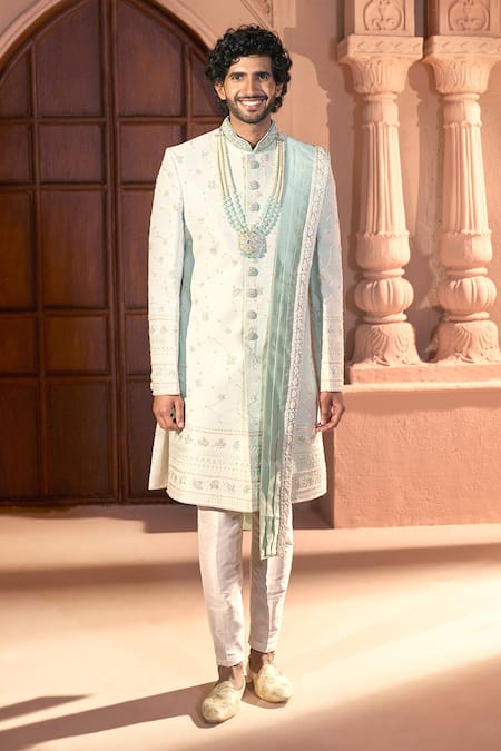Shop Arihant Rai Sinha Green Silk, Dupion Embroidery, Zari Floral Vine Sherwani Set Shop_Arihant Rai Sinha_Green Silk, Dupion Embroidery, Zari Floral Vine Sherwani Set