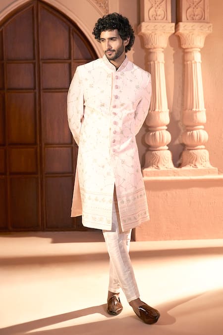 Buy_Arihant Rai Sinha_Pink Silk, Dupion Embroidery Floral Vine Sherwani Pant Set _Online_at_Aza_Fashions
