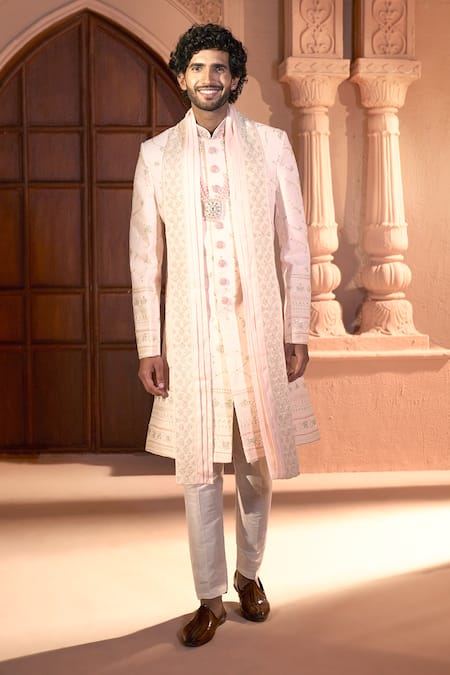 Shop_Arihant Rai Sinha_Pink Silk, Dupion Embroidery Floral Vine Sherwani Pant Set _Online_at_Aza_Fashions