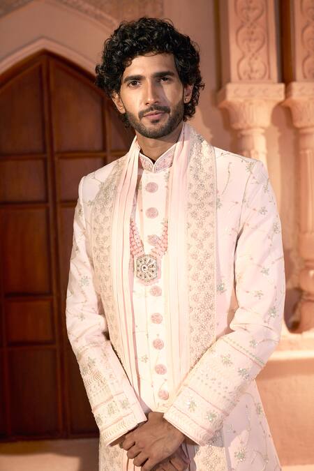 Buy_Arihant Rai Sinha_Pink Silk, Dupion Embroidery Floral Vine Sherwani Pant Set 