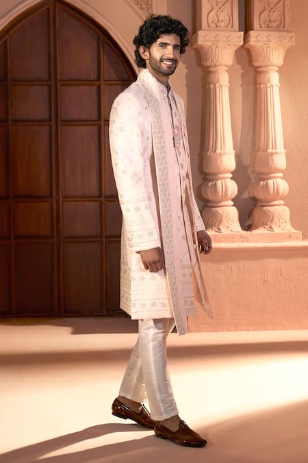 Shop_Arihant Rai Sinha_Pink Silk, Dupion Embroidery Floral Vine Sherwani Pant Set 
