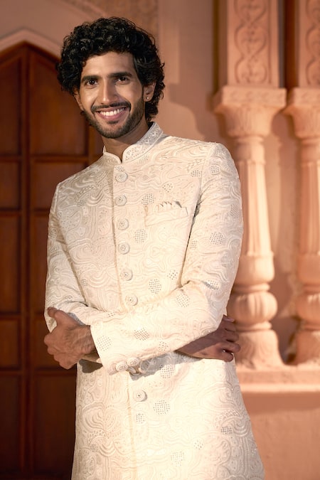 Shop_Arihant Rai Sinha_Cream Silk, Dupion Embroidery Sherwani And Pant Set _Online_at_Aza_Fashions