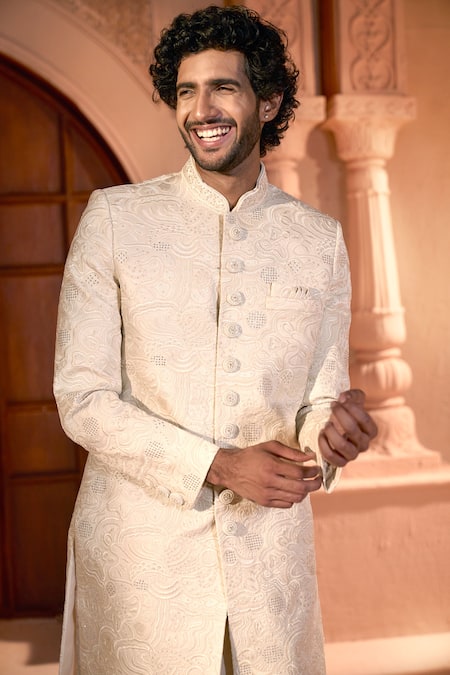 Arihant Rai Sinha_Cream Silk, Dupion Embroidery Sherwani And Pant Set _at_Aza_Fashions