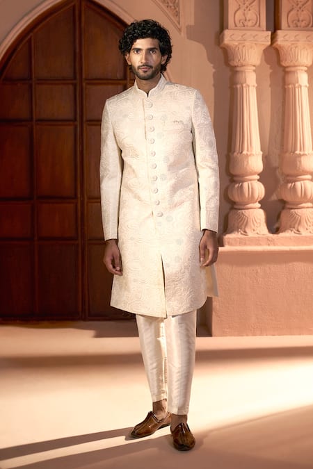 Shop_Arihant Rai Sinha_Cream Silk, Dupion Embroidery Sherwani And Pant Set 