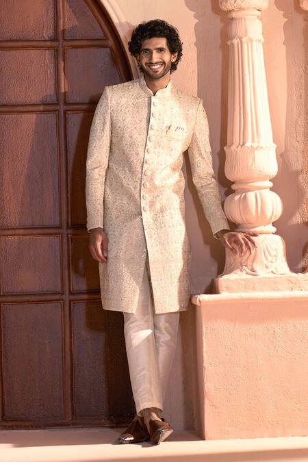 Buy_Arihant Rai Sinha_Beige Silk, Dupion Embroidery Floral Sherwani And Pant Set _Online_at_Aza_Fashions