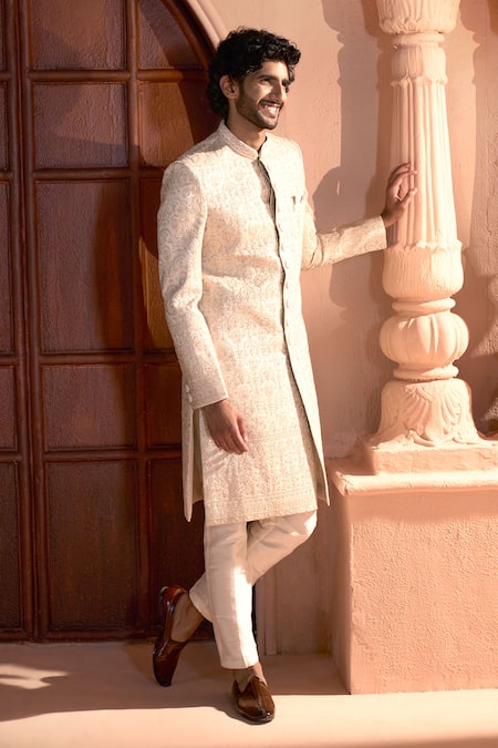 Shop_Arihant Rai Sinha_Beige Silk, Dupion Embroidery Floral Sherwani And Pant Set _Online_at_Aza_Fashions