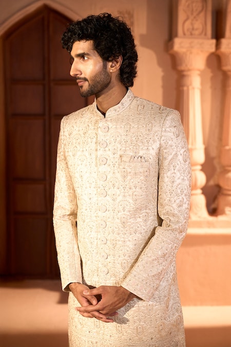 Arihant Rai Sinha_Beige Silk, Dupion Embroidery Floral Sherwani And Pant Set _at_Aza_Fashions
