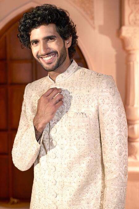 Shop_Arihant Rai Sinha_Beige Silk, Dupion Embroidery Floral Sherwani And Pant Set 