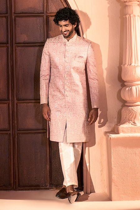 Shop_Arihant Rai Sinha_Pink Silk, Dupion Embroidery, Metallic Thread Floret Sherwani And Pant Set _Online_at_Aza_Fashions