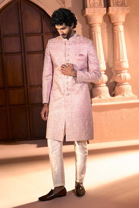 Arihant Rai Sinha_Pink Silk, Dupion Embroidery, Metallic Thread Floret Sherwani And Pant Set _at_Aza_Fashions