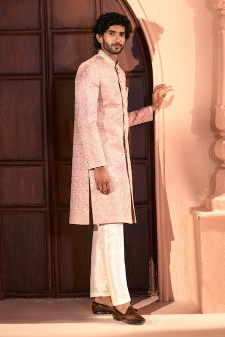 Buy_Arihant Rai Sinha_Pink Silk, Dupion Embroidery, Metallic Thread Floret Sherwani And Pant Set 