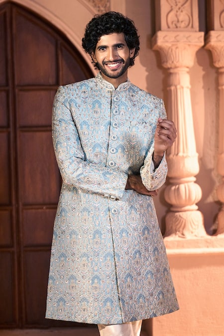 Shop_Arihant Rai Sinha_Aqua Silk, Dupion Embroidery Pastel Sherwani And Pant Set _Online_at_Aza_Fashions