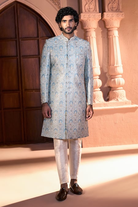 Arihant Rai Sinha_Aqua Silk, Dupion Embroidery Pastel Sherwani And Pant Set _at_Aza_Fashions
