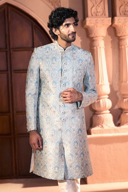 Shop_Arihant Rai Sinha_Aqua Silk, Dupion Embroidery Pastel Sherwani And Pant Set 